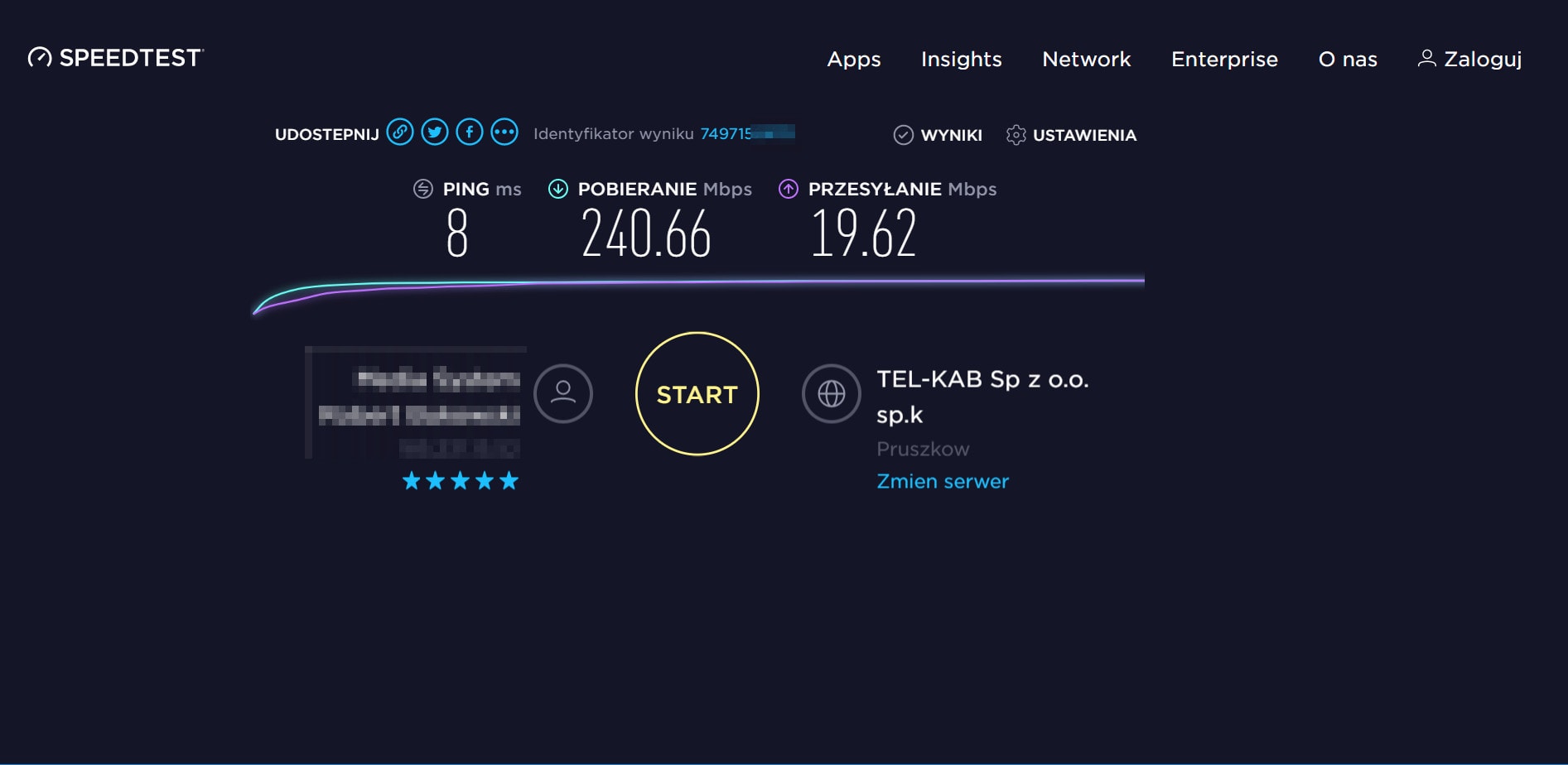 Wyniki speedtestu przez polski serwer NordVPN