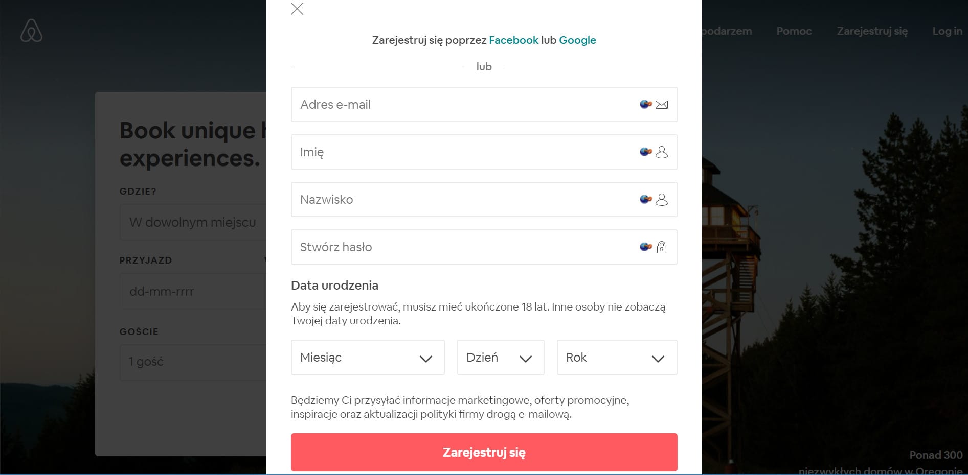 Rejestracja w Airbnb przez e-mail